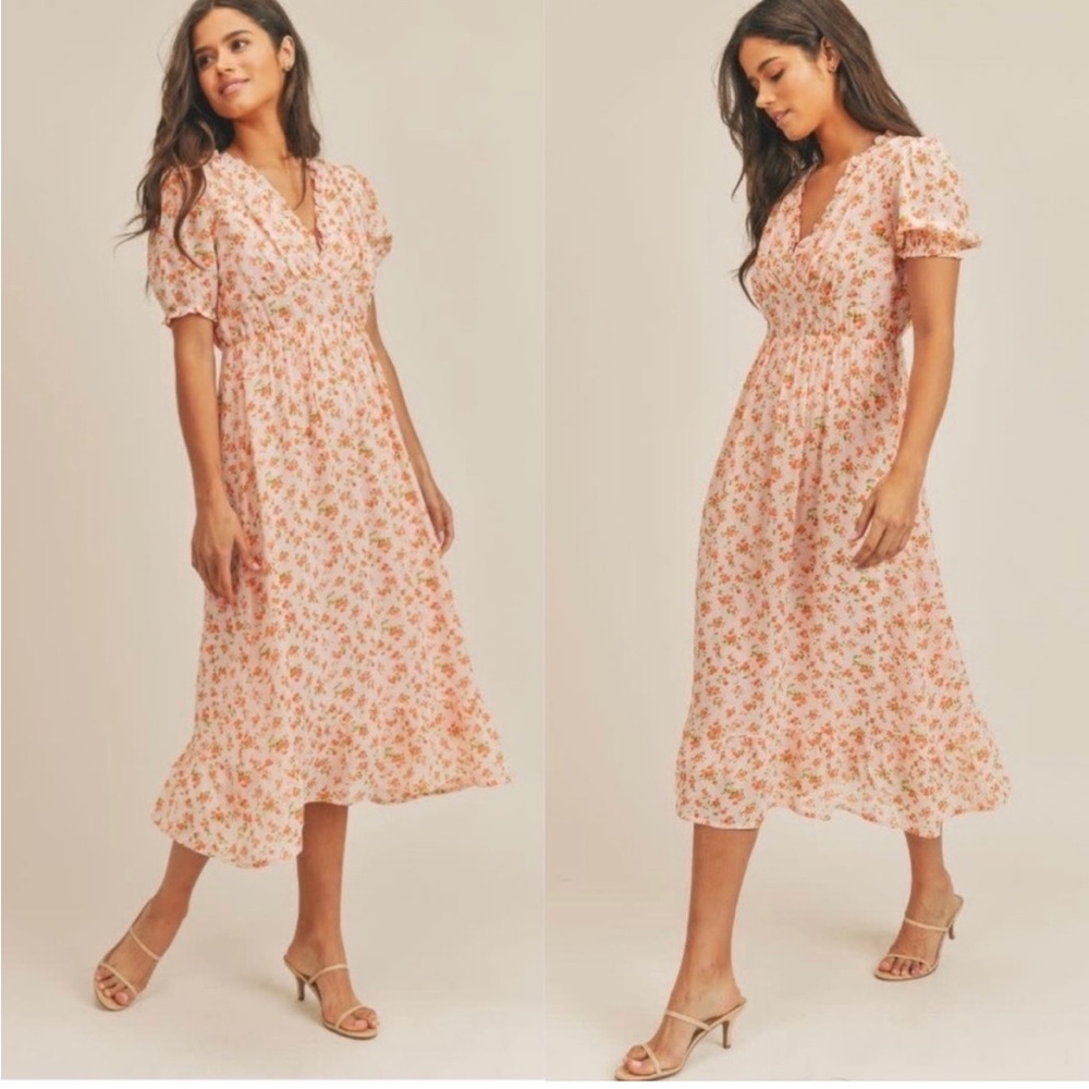 SADIE & SAGE Peach Floral Midi Dress Size S
